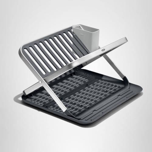 OXO Good Grips Aluminum Fold Flat Dish Drying Rack, 2-Tier, with Drainboard, for Kitchen Counter, Collapsible