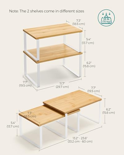 SONGMICS Cabinet Organizer Shelf, Set of 4 Kitchen Counter Shelves, Kitchen Storage, Spice Rack, Stackable, Expandable, Metal and Engineered Wood, Cloud White and Natural Beige UKCS010N01