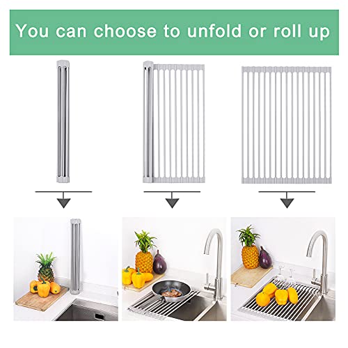 Roll Up Dish Drying Rack Over Sink, 17.5" x 13" Silicone Coated Stainless Steel Sink Drying Rack, Foldable Dish Drainer Rack for Kitchen Counter, Heat Resistant, Non-Slip, Space Saving, Gray