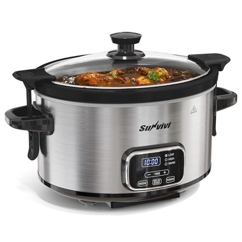 Sunvivi 4QT Programmable Slow Cooker with Locking Lid, Removable Ceramic Pot, 3 Heating Settings & Timer, Dishwasher-Safe, Stainless Steel