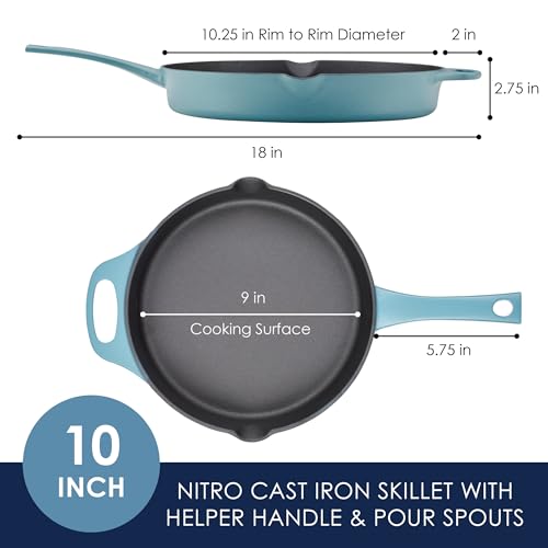 Rachael Ray NITRO Cast Iron Fryin Pan/Skillet with Helper Handle and Pour Spouts, 12 Inch - Agave Blue