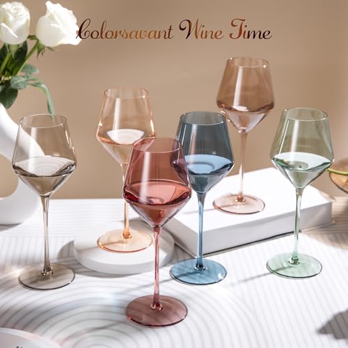 Colorsavant Colored Wine Glasses Set of 6-16OZ Colorful Wine Glass with Stem【HandBlown】 Muted Wine Glasses Colored Set,Wine Gifts for Mothers Day