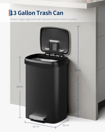 Garvee 13 gal / 50 L Plastic Trash Can with Lid, Large Garbage Can for Kitchen, Rustproof Step-on Kitchen Trash Bin with Liner Rim, Rear Handle, Soft Close Lid, Black