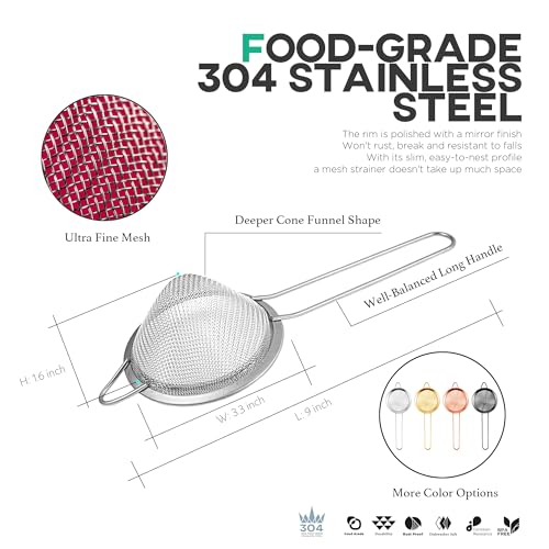 Homestia 3.3" Fine Mesh Strainer for Kitchen, 304 Stainless Steel Cocktail Sieve Sifters For Food, Liquid Drink Strainers Cup for Tea, Rice, Oil, Noodles, Fruits, Vegetables (Silver)