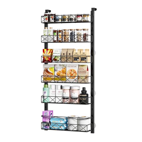 MIAOLI Over the Door Organizer, Black 6-Tier Pantry Door Organizer with Adjustable Basket, Hanging Spice Rack Cabinet Door Shelves, Laundry Room Organization and Storage