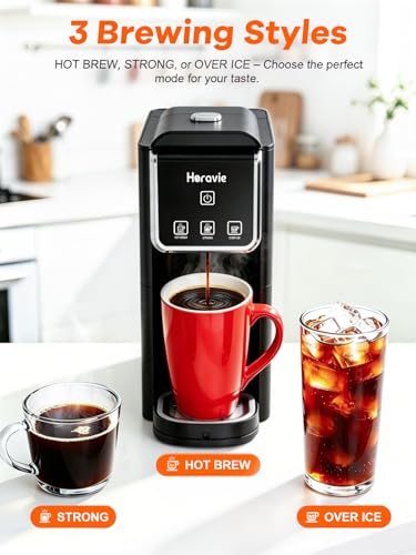 Horavie Hot and Iced Single Serve Coffee Maker, for K-Pod and Grounds, Strong Brew Setting, 6-12 Oz Brew Sizes One Cup Coffee Maker for Home, Travel, RV, Office and Dorm, Black