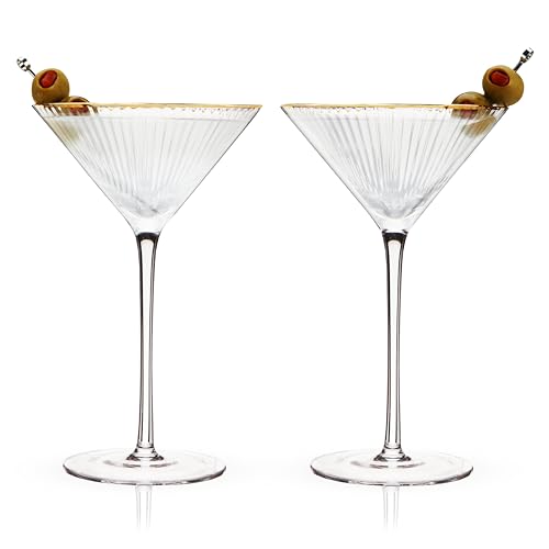 Viski Meridian Martini Glasses - Stemmed Fun Cocktail Glasses - Art Deco Ripple Gold Rimmed Crystal Glassware - 7.8oz Set of 2