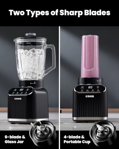 GDOR Professional Blender for Kitchen, 1200 Peak Watts Smoothie Blender, 5 Functions for Ice Crushing & Frozen Fruit, 52 Oz Glass Jar & 24 Oz To-Go Cup Combo, Self-Cleaning, Black