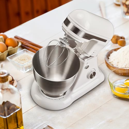 Geek Chef Electric Stand Mixer, 4.8QT 12 Speeds Tilt-head Food Mixer with Dough Hook, Whisk, Beater, Bowl, Rotary Knob for Home Kitchen Use, Bright White