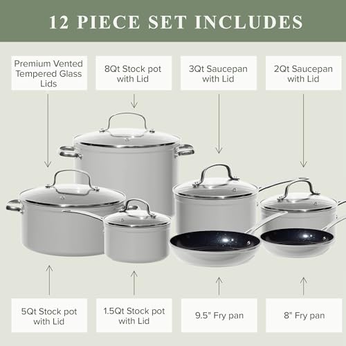 Nuwave Healthy Duralon Blue Ceramic Nonstick Cookware Set, Diamond Infused Scratch-Resistant, PFAS Free, Dishwasher & Oven Safe, Induction Ready & Evenly Heats, Tempered Glass Lids & Stay-Cool Handles