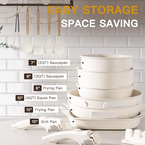 Astercook 23 Pcs Pots and Pans Set Non Stick, Ceramic Cookware Set Detachable Handle, RV Kitchen Cooking Set Removable Handles, Oven Safe, Induction Ready, Stackable, Cream, Fathers Day Gift for Men