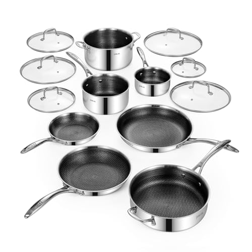 Deluxe 13 Piece Hybrid Ceramic Nonstick Stainless Steel Cookware Set-5 Piece Frying Pan Set, 6 PC Pot