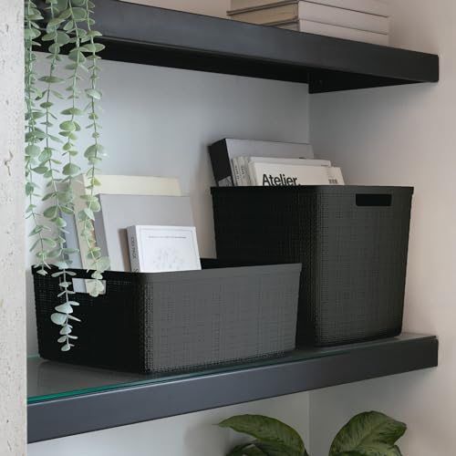 Curver Set of 6 Medium 12L Jute Decorative Plastic Organization and Storage Baskets - Perfect Bins for Home Office, Closet Shelves, Kitchen Pantry and All Bedroom Essentials, Black