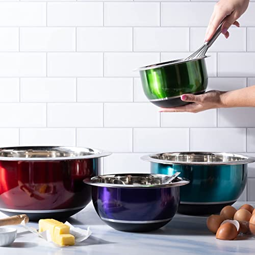 Colleta Home Colorful Mixing Bowl- 4 Pc Set- Stackable Nesting Bowls- Stainless Steel Mixing Bowls Non Slip Silicone Bottom- Cookware Set