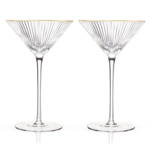 Viski Meridian Martini Glasses - Stemmed Fun Cocktail Glasses - Art Deco Ripple Gold Rimmed Crystal Glassware - 7.8oz Set of 2