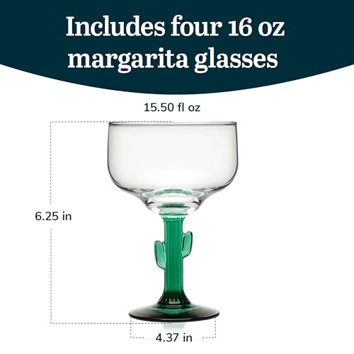 Libbey 3620JS Cactus Margarita Glasses Set of 4, Durable Green Stemmed Cocktail Glasses, 16 Oz Clear Bowl Lead-Free Cactus Glassware