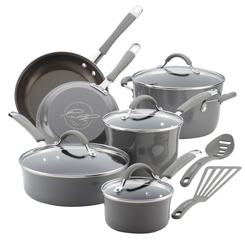 Rachael Ray Cucina Nonstick Cookware, Sea Salt Gray Pots and Pans Set, 12-Piece