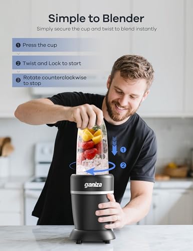 Ganiza Smoothie Blender, Max 1300 Watt Personal Blender and Grinder Combo for Kitchen, Portable Maker for Smoothies, Shakes, Frozen Drinks, Sauces with 6-Leaf Blade, 23 oz, (2) 37 oz To-Go Cups