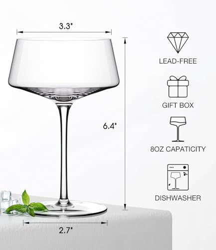 LUNA & MANTHA Martini Glasses, Martini Cocktail Glasses for Margarita, Manhattan, Cosmopolitan, Espresso, Home Bar, Evening Parties, Birthdays, Housewarming Gift,8oz-Set of 6