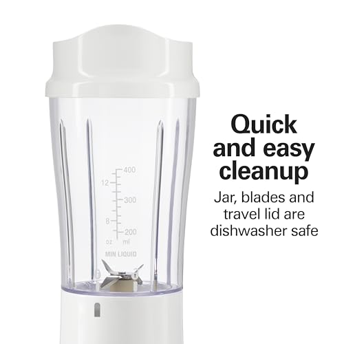 Hamilton Beach Portable Blender for Shakes and Smoothies, 14 Oz BPA Free Travel Cup & Lid, Durable Stainless Steel Blades, Personal Smoothie Blender, White ( 51101V)
