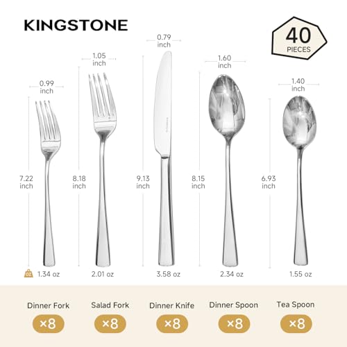 KINGSTONE Silverware Set for 8, 40-Piece Forged 18/10 Stainless Steel Flatware Set, Mirror Finish Cutlery Set Dishwasher Safe for Home, Restaurant, Wedding, Party
