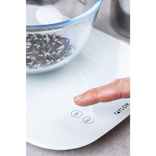 Taylor Pro Digital Kitchen Food Scales, Compact Professional Standard with Precision Accuracy and Waterproof Design with Tare Feature, White Glass, Weighs 14 kg/14 L Capacity
