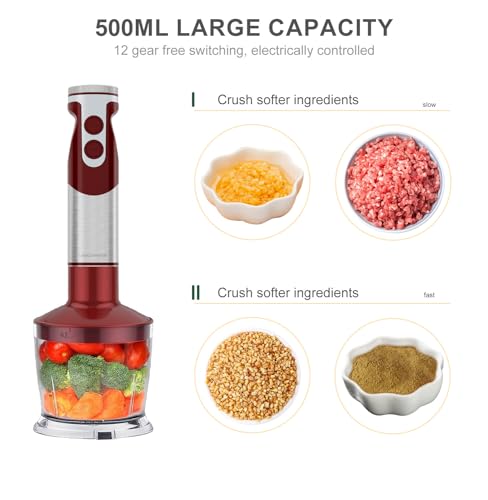 MegaWise 5-in-1 Immersion Hand Blender Set with Variable Speed, 400W, Stainless Steel - Includes Chopper, Whisk, Milk Frother, and Beaker - Ideal for Soups, Smoothies, Baby Food & More (RED)