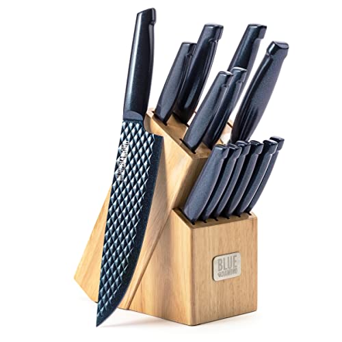 Blue Diamond Sharp Stone 14 Piece Knife Block Set, PFAS-Free Nonstick Diamond Textured Stainless Steel