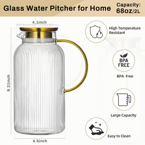 Buaic 2 PACK Glass Pitcher with Lid, 68 oz/ 2L Glass Water Pitcher