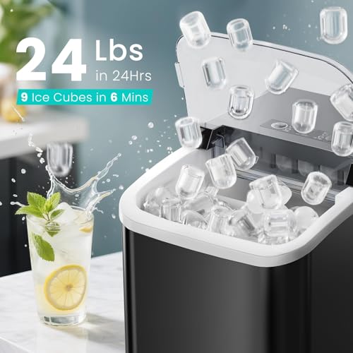 OLIXIS Ice Maker Machine with Handle,26lbs in 24 Hours,9 Cubes in 6 Mins,Auto-Cleaning Portable Ice Maker with Basket and Scoop, Countertop for Home, Kitchen, Camping, RV, Sleek Black