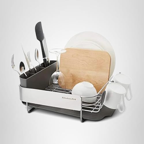 KitchenAid Compact, Space Saving Rust Resistant Dish Rack, with Angled Self Draining Drain Board and Removable Flatware Caddy, 16.06-Inch, Gray