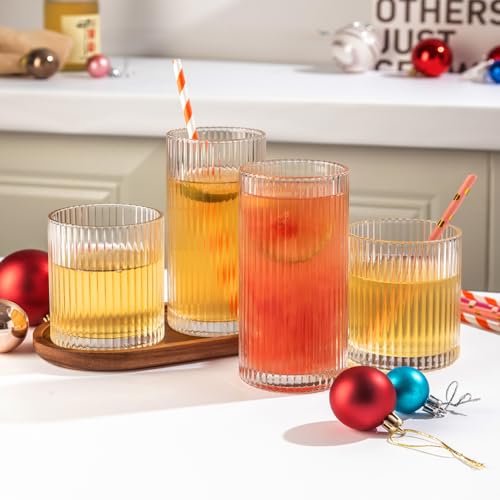 Lumkit Ribbed Drinking Glasses 8pcs, 12oz and 10oz Glassware, Tumbler Glasses Cup Set for Wedding, Party, Christmas Gift, Clear