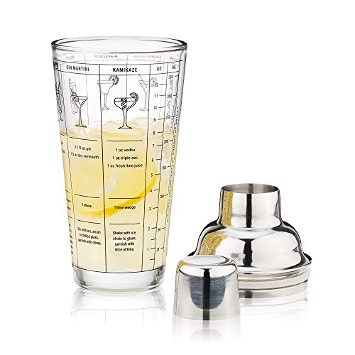 True Glass Cocktail Shaker with 7 Classic Recipes and Measurements for Cold Brew Cocktails, Home Bar Accessories, Bar Tools, Bartender Gifts, Hosting Essentials, 13.5 oz, Set of 1, Clear