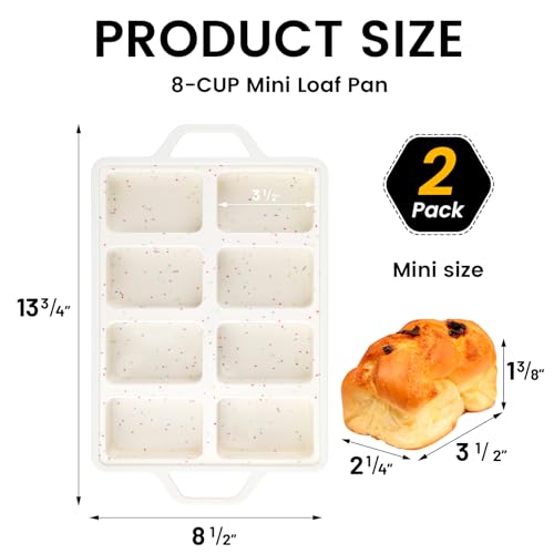 Vinino 2 Pack Mini Silicone Loaf Pans, 8-Cavity Metal Reinforced Frame Pans