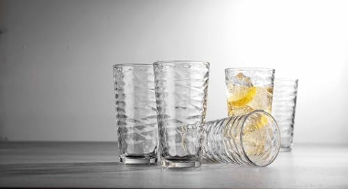 Glaver's Hammered Glass Cups. Cocktail Drinking Glasses Set of 6 Tall Kitchen Glasses, 17 oz Water Glassware For Bar, Juice, Beer, Iced Tea, Everyday Cordial Glasses Drinkware.