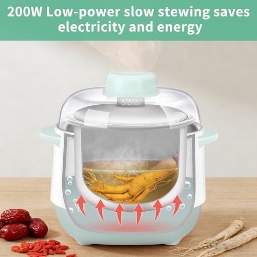 Green 1L Mini Slow Cooker with Steamer Basket, 200W Smart Ceramic Electric Stew Pot, 24-Hour Timer & Auto Keep-Warm, Dry-Burn Protection, Kitchen Cooking Appliance