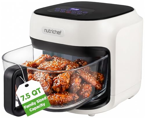 NutriChef Family Size 7.5 Quart Air Fryer, 6 Preset Cooking Modes, Glass Fry Bowl for Best Cooking, 360° Air Circulation