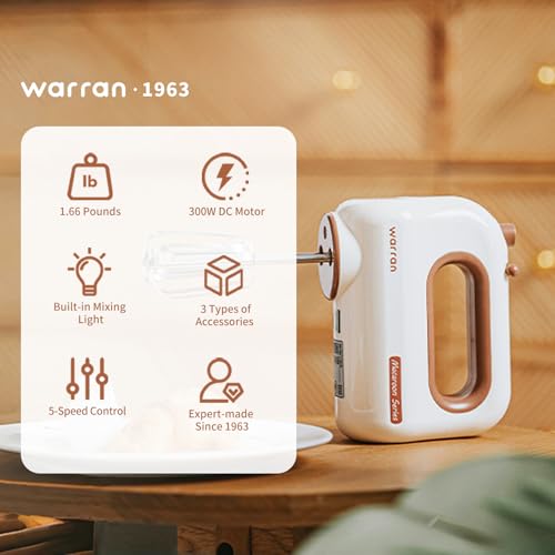 warran 300W Compact Lightweight Electric Hand Mixer, with Powerful Quiet DC Motor for Baking, Cake, Brownies, Cookie Dough, Ideal for Home Kitchen (White)
