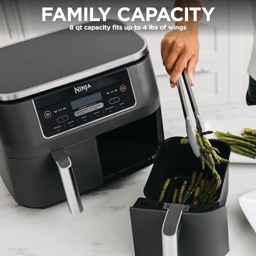 Ninja DZ201 Foodi 8 Quart 6-in-1 DualZone 2-Basket Air Fryer with 2 Independent Frying Baskets, Match Cook & Smart Finish to Roast, Broil, Dehydrate & More for Quick, Easy Meals, Grey