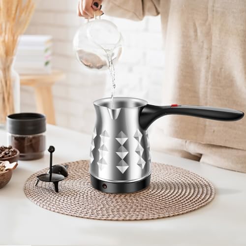 LYIYEYAN Turkish Coffee Maker, Stainless Steel 500ml Turkish Coffee Machine with Folding Handle, 5 to 6 Cups Capacity Turkish Coffee Pot, Electric Coffee Tea Warmer Kettle for Home Travel (Diamond)