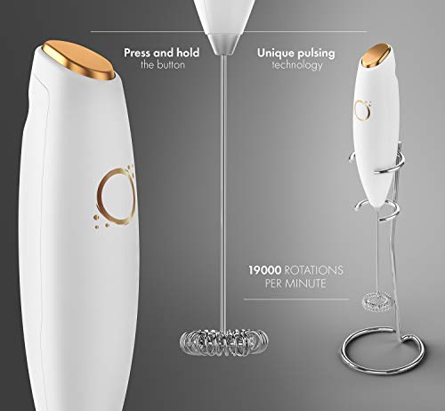 Milk Frother White - Coffee Frother Handheld with Electric Whisk - 19000 rpm - Book Recipes and Stainless Steel Stand Included - Hand Mixer Electric (White and Gold)