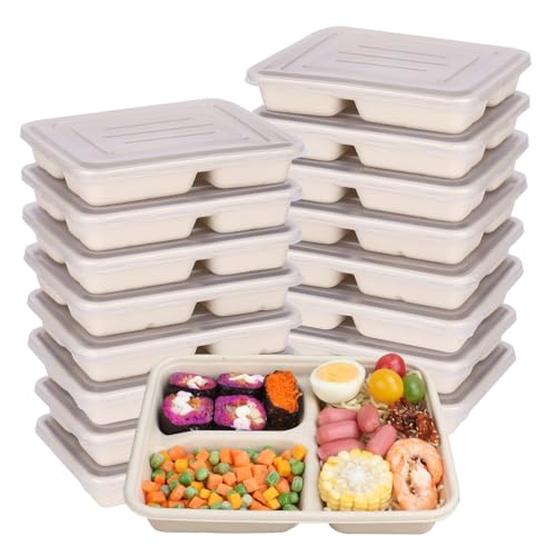 JAYEEY 23 oz 3 Compartments disposable plates with Lids Plant Fiber 50 Pack