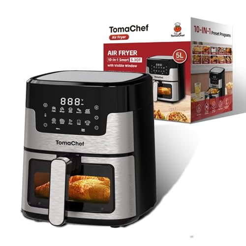 TomaChef Air Fryer 5.3QT with Visible Window, 10-in-1 Oil-Free Digital Cooker, Dishwasher Safe Basket, Healthy