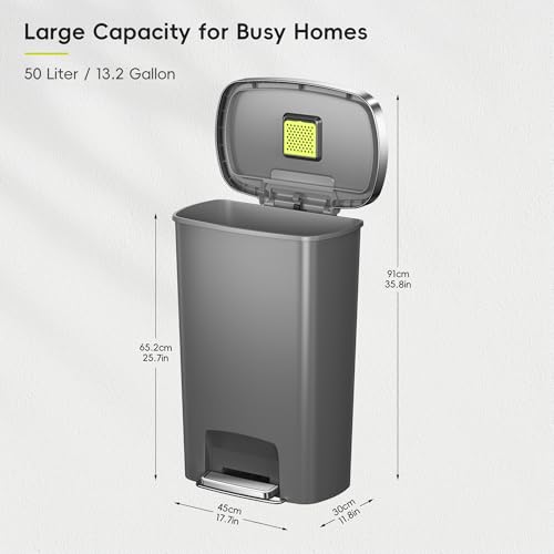 EKO Hana Select 13.2 Gallon / 50L Step Trash Can, Large Plastic Kitchen Trash Can with Stainless Steel Lid, Soft-Close & Stay-Open, Deodorizer Compartment, Wide Steel Pedal Garbage Can for Home, Grey