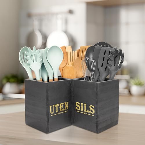 RedCall Kitchen Utensils Holder,Extra Large 3 Compartments Corner Utensil Caddy for Countertop,Wooden Farmhouse Utensil Organizer