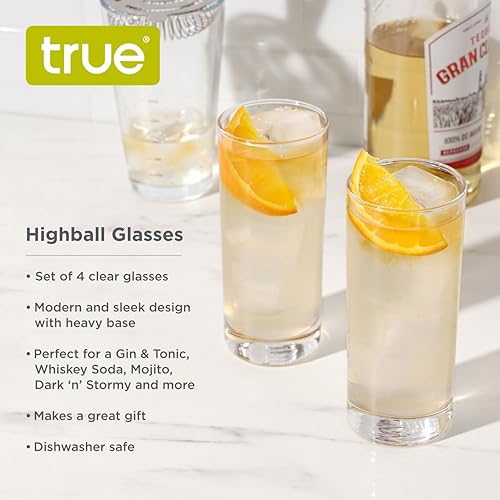 True Highball Glasses, Tall Glass Tumbler for Cocktails, Mojito Iced Tea Juices, Soda Water Drinking Cups, Kitchen Glassware, Home Bar, 11 oz Set of 4