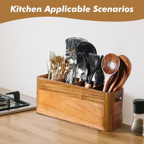 Kitchen Utensil Holder for Counter or Countertop, Extra Large Acacia Wood Organizer with 4 Compartments, Wooden Storage for Cooking and Silverware, Rustic Minimalist Decor, Sturdy Utensil Crock