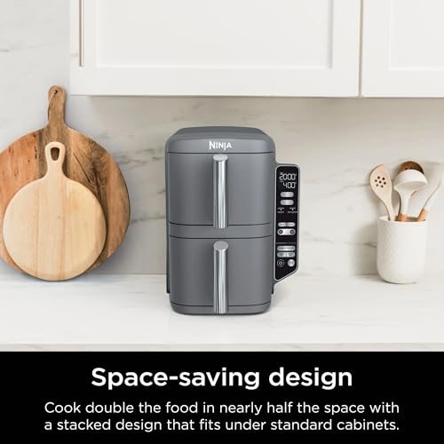 Ninja SL400 DoubleStack XL 2-Basket Air Fryer, 10 QT, Cooks 4 Foods at Once, Compact Design, 4-in-1, Smart Finish & Match Cook, Air Fry, Broil, Bake, Easy Meals, Easy Clean, Grey (Renewed)