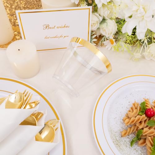 DaYammi 350PCS Gold Plastic Dinnerware Set for 50 Guests, Fancy Disposable Plates for Party, Include: 50 Dinner Plates, 50 Dessert Plates, 50 Pre Rolled Napkins with Gold Silverware, 50 Cups
