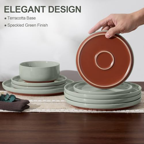 E-far 6-Piece Stoneware Dinnerware Sets, Plates and Bowls Sets for 2, Ceramic Dishware Dishes Set with Terracotta Base, Chip & Scratch Resistant, Microwave & Dishwasher Safe, Speckled Green